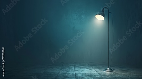   A floor lamp emits blue light in a dark room, casting a glow from its upper part