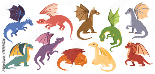 Magic dragons. Mythical creatures, flying dragon and fantasy monster isolated cartoon vector illustration set