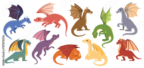 Magic dragons. Mythical creatures, flying dragon and fantasy monster isolated cartoon vector illustration set