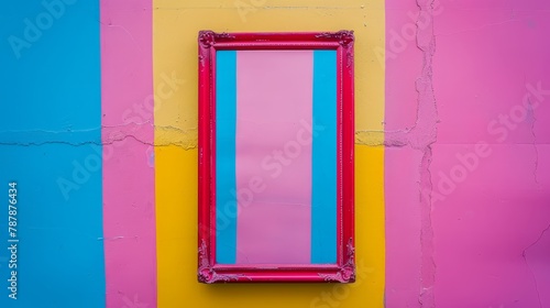   A red mirror is mounted beside pink and blue walls, with a yellow and blue striped wall adjacent