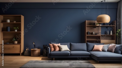 At night, a dark blue wall in the living room with the sofa and TV on a wooden cabinet © Ashan