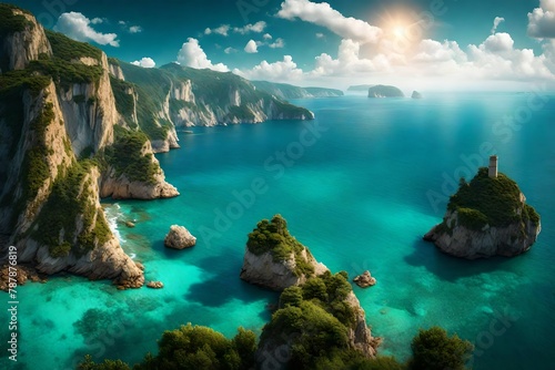 A coastal panorama, where cliffs meet the azure sea under the clear summer heavens.