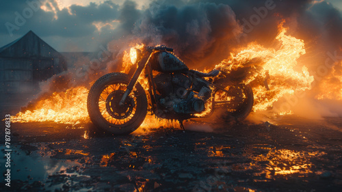 Vintage motorcycle engulfed in flames, against asphalt with sunset glow and mossy stones.generative ai photo