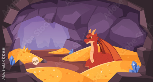 Dragon cave. Magical red dragon guards glittering gold coins piles in mysterious treasure cave. Fantasy vector illustration
