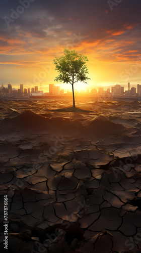A tree grows on dry land