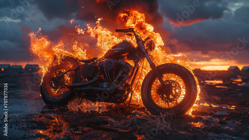 Vintage motorcycle engulfed in flames, against asphalt with sunset glow and mossy stones.generative ai © LomaPari2021