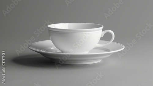  A white cup and saucer atop a larger white saucer on a gray table against a gray backdrop