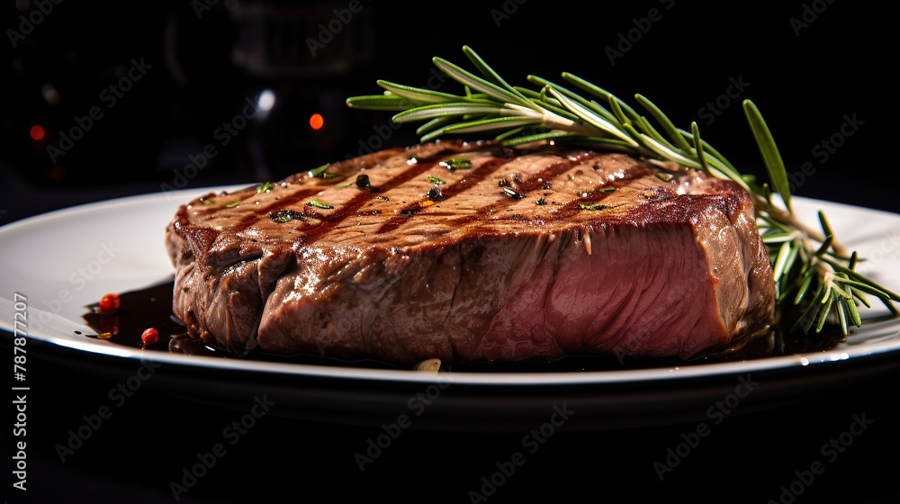 Close-up view of beef steak on clean white plate on dining table