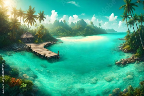 A tropical island panorama, where turquoise waters meet sandy shores in the glow of summer.