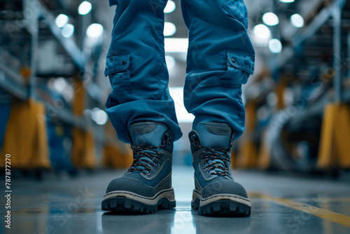 Factory worker wearing safety shoe and working uniform is standing in the factory, ready for working in danger workplace, Safety equipment concept