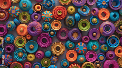Abstract background of wheels or round shapes is combined into a single pattern of bright colors.