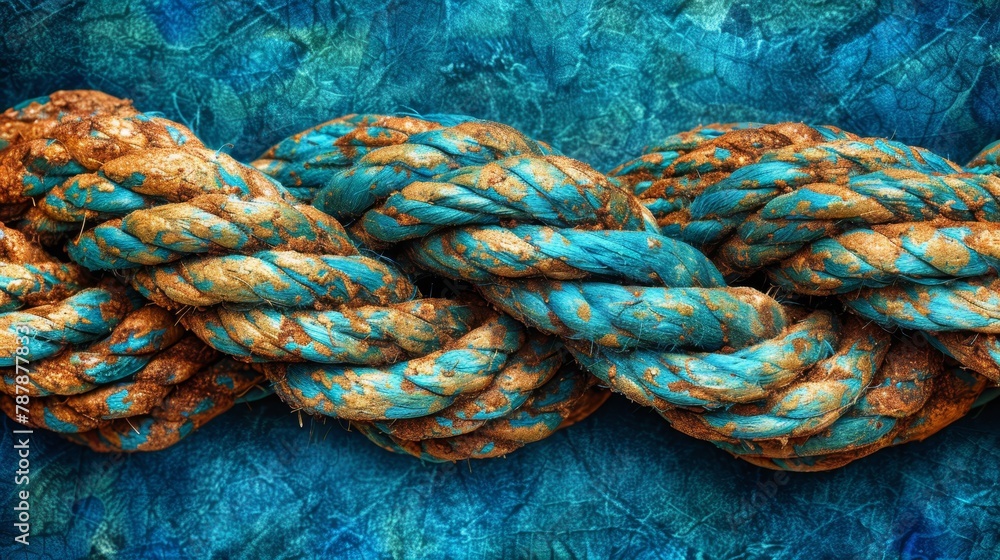   A tight rope knot against a textured backdrop of blue and green fabric The cloth is painted with shades of blue and gold Surrounded by a deep, uninterrupted