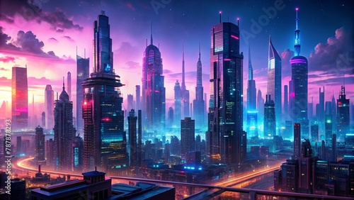 Cyberpunk cityscape with neon lights and tall buildings. Generative AI photo