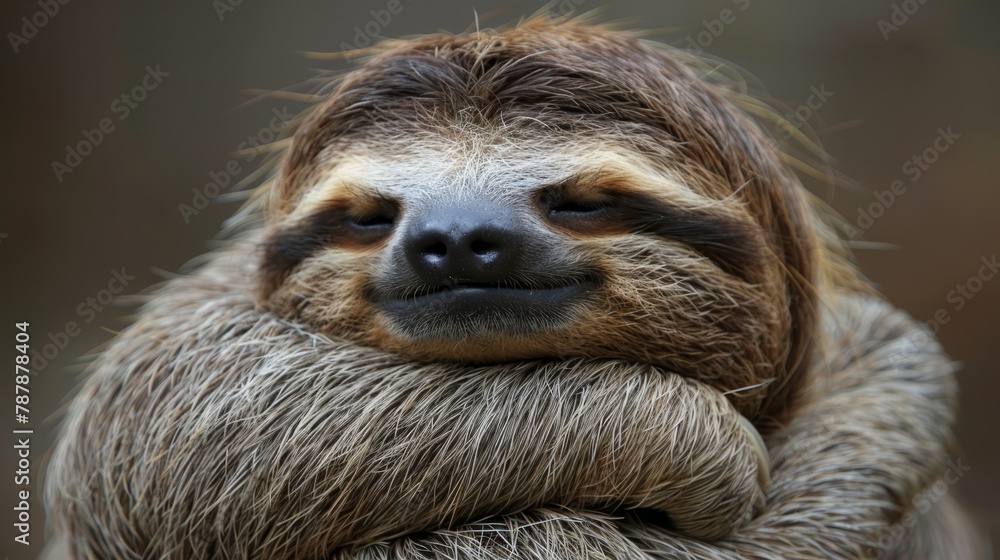 Naklejka premium A close-up of a sloth with its head reclined on its back and eyes closed