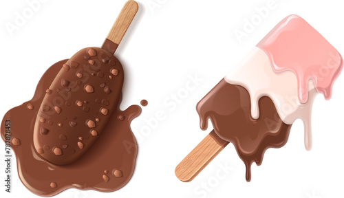 Melt ice cream summer icon cartoon vector design. Isolated tasty strawberry icecream with chocolate and nuts. Melted puddle of 3d gelato stick dessert on floor concept. Comic sundae fell on ground © klyaksun