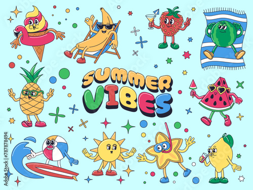 Cartoon summer vibes. Ice cream mascot, vacation fruits characters for seasonal party marketing or invitations design vector illustration set © WinWin
