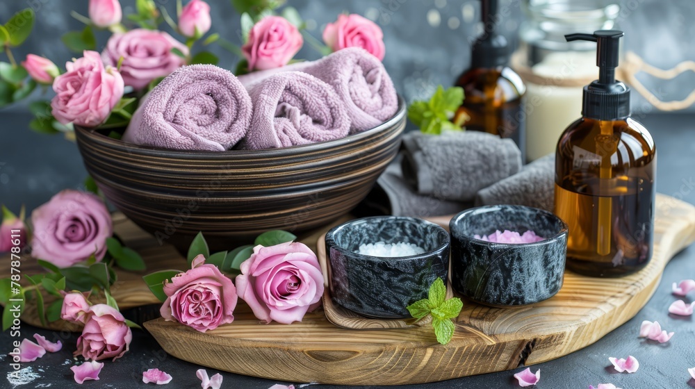 A wooden tray holds pink roses, a bowl of soaps, and a bottle of body lotion A wooden tray holds pink roses, a bowl of soaps, and a bottle of body lotion