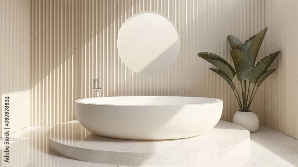   A large white bathtub sits next to a plant in a room Two round mirrors are mounted on the wall