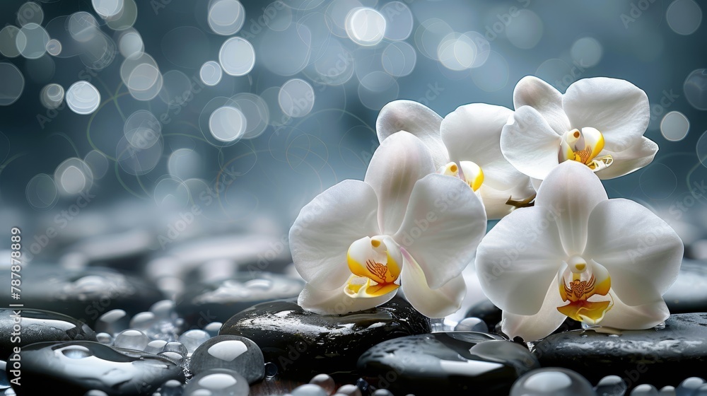 A collection of white blooms atop a mound of jet-black stones, dampened by droplets of water beneath them A collection of white blooms atop a mound of jet-black stones, dampened by droplets of water beneath them