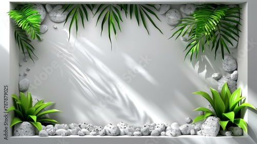  A white background frame featuring plants and rocks, accompanied by a palm tree shadow to its left side