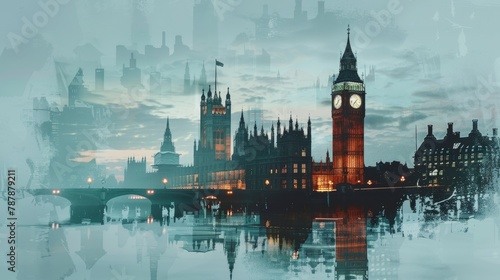 Big Ben and London cityscape double exposure contemporary style minimalist artwork collage illustration
