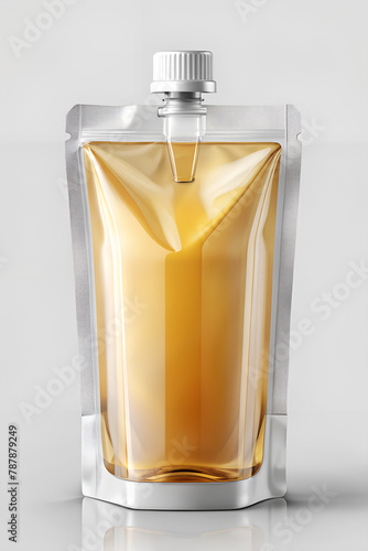 Realistic doypack mockup with amber-golden liquid and with spout, on light-grey background photo