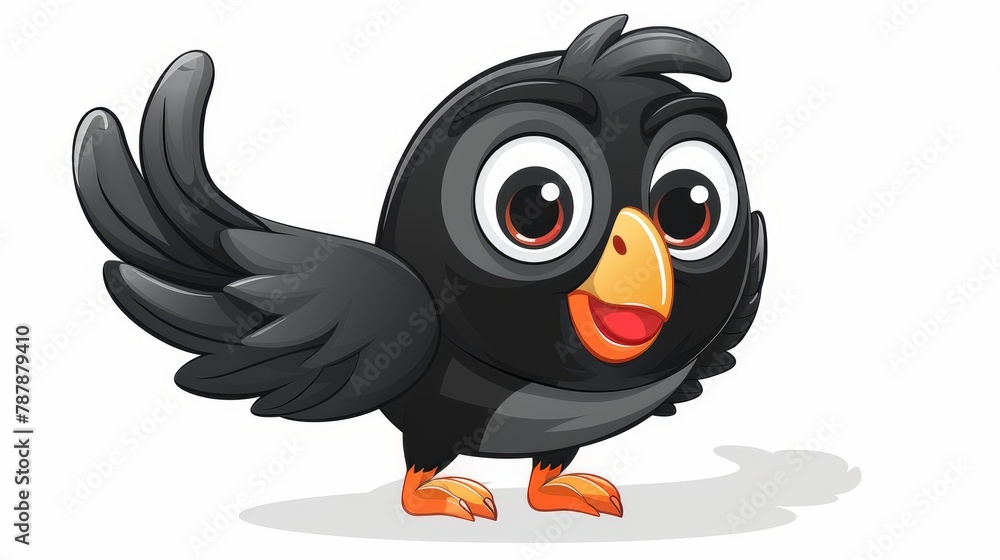 Obraz premium A black bird with large eyes and an orange beak stands on one leg, exhibiting a startled expression toward the camera