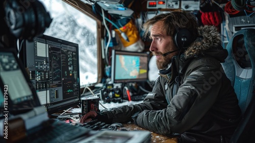 A man in a black jacket is sitting in front of a computer with a headset on