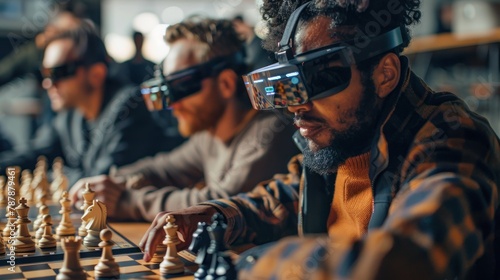 Three men are playing a game of chess while wearing virtual reality goggles