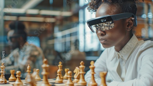 A woman wearing glasses is playing a game of chess