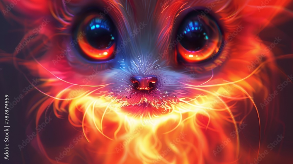   A tight shot of a small dog's expression, eyes ablaze with intensity, against a pitch-black backdrop