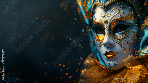 mask carnival golden splash art on the dark background, generative Ai