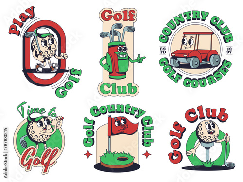 Cartoon Golf mascot print templates. Golf club emblems with ball, bag, cart and hole with flag stickers vector set