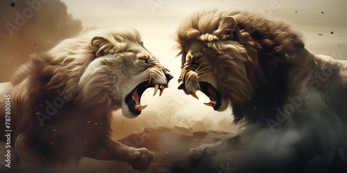 Painting of two lions fighting each other with their mouths open with dust background  © muneeb
