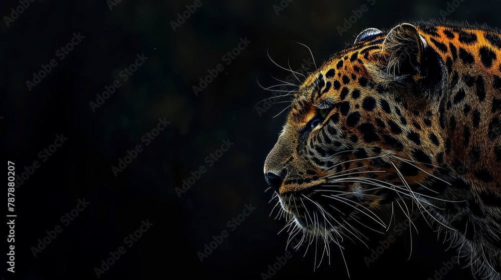 Obraz premium A tight shot of a leopard's face against a black backdrop, overlain with a hazy tree silhouette