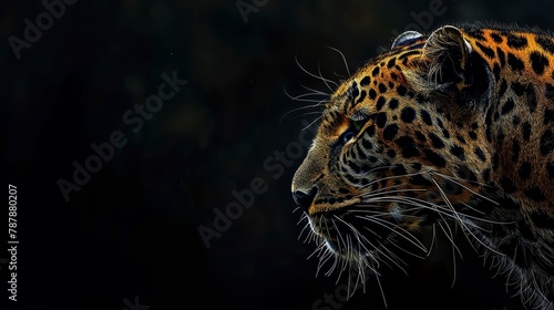   A tight shot of a leopard s face against a black backdrop  overlain with a hazy tree silhouette