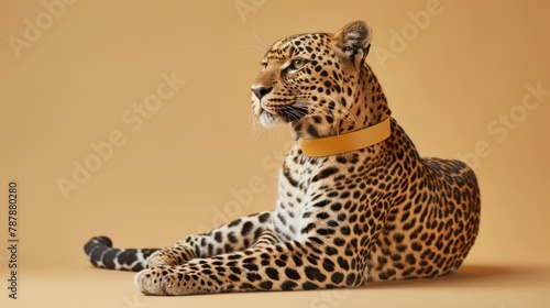   A cheetah rests on the ground with closed eyes and wears a yellow collar