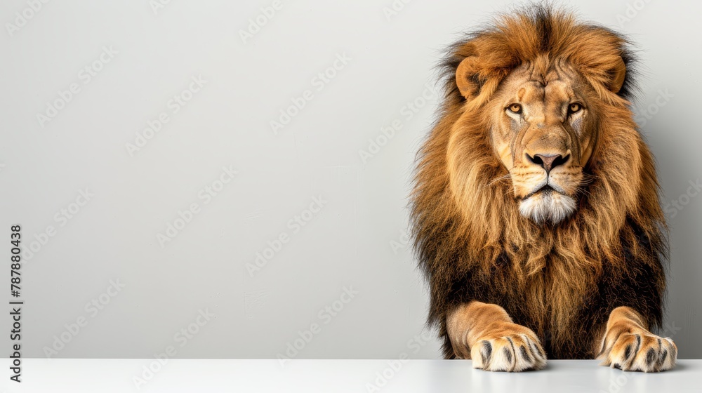   A tight shot of a lion perched on a table, its paws resting on the edge
