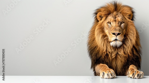   A tight shot of a lion perched on a table  its paws resting on the edge