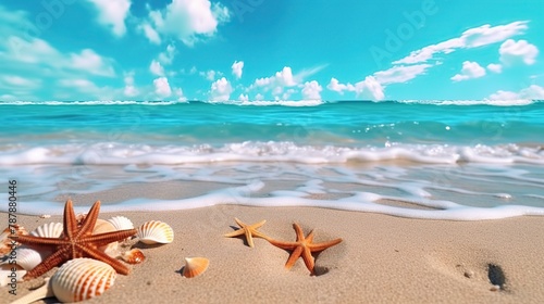 starfish and various kinds of molluscs on the beach generative ai