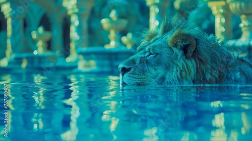   A tight shot of a lion submerged in water, head erect above the surface, surrounded by statues in the background photo