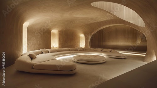  A curved couch and a round ottoman are centered in a living room, illuminated by recessed lights photo