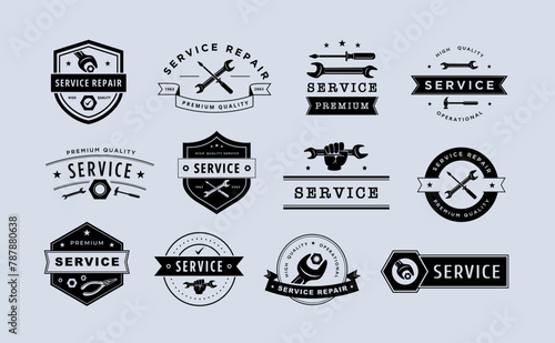 Repair service emblem. Vintage mechanic badges and workshop labels, maintenance company templates vector set