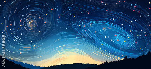 Hand drawn cartoon outdoor beautiful night sky abstract artistic illustration background 