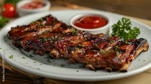 Grilled pork ribs in Barbecue sauce on white plate top view, Image for Cafe and Restaurant Menus