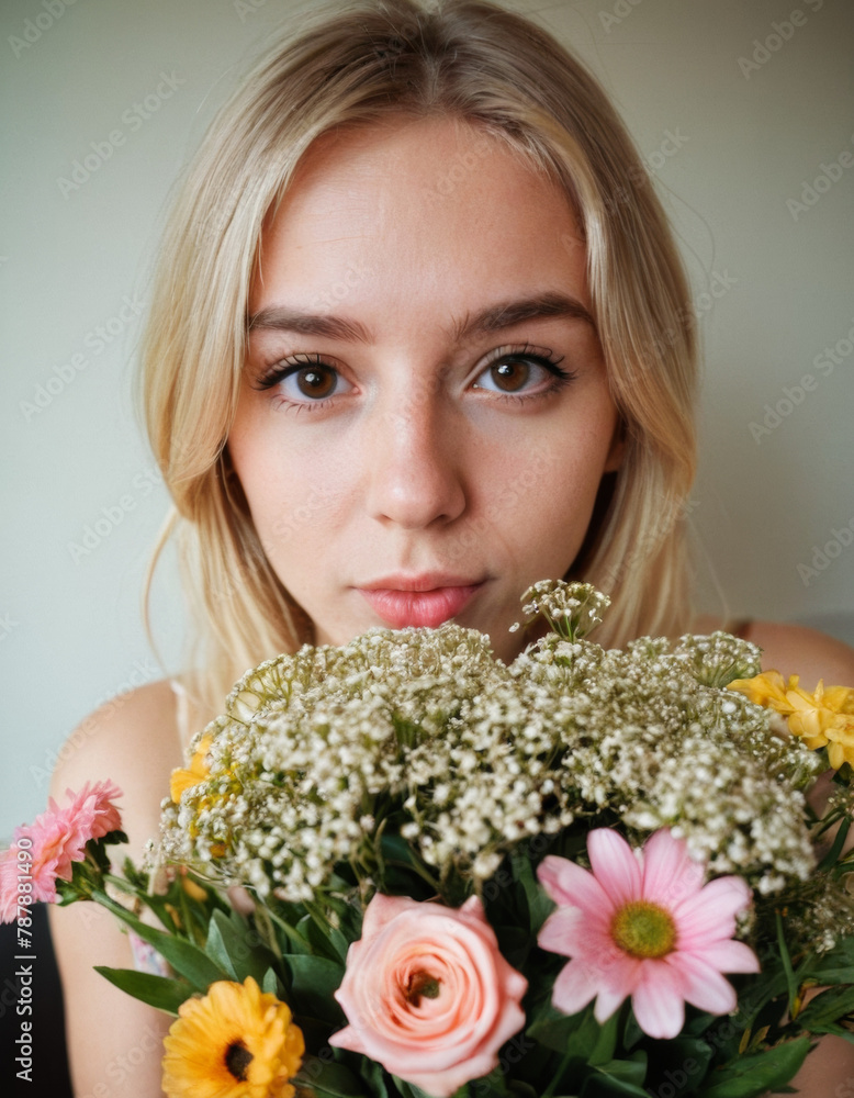 macro photo, girl with a bouquet of flowers in modern style, grimacing, caricature, Brown eyes, dof, focus 15mm, fisheye lens, lomo filter, haze macro photo, girl with a bouquet of flowers in modern style, grimacing, caricature, Brown eyes, dof, focus 15mm, fisheye lens, lomo filter, haze