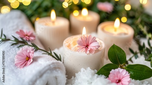   A collection of candles atop a mound of snow  adjacent to a cluster of pink and white blooms