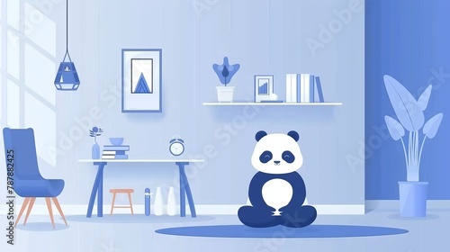   A panda sitting on a rug in a room with blue wallpaper, a table, and a plant © Mikus