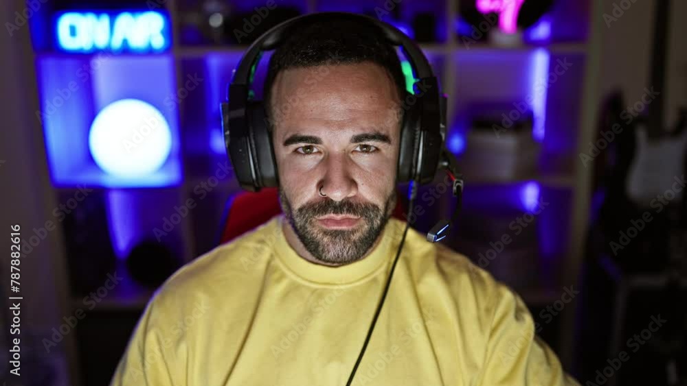 Handsome hispanic man with beard wearing headphones in a gaming room at night. Handsome hispanic man with beard wearing headphones in a gaming room at night.