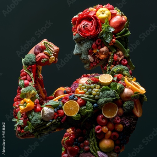 Illustration of a strong man made out of healthy fruits and vegetables